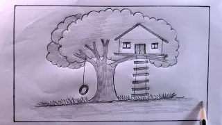how to draw tree house step by step/tree house drawing