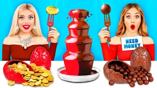 Rich VS Broke Chocolate Fondue Challenge! 100 Layers Chocolate Food for 24 HRS by RATATA CHALLENGE