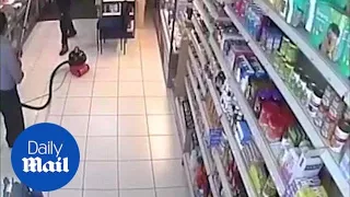 Moment worker chased off armed robber with Henry hoover - Daily Mail
