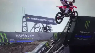 Dylan Ferrandis huge crash in Daytona on press day for #SupercrossLIVE...