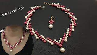Multi color pearl pendent necklace making/Beaded sticks necklace tutorial/Beaded necklace-earrings.