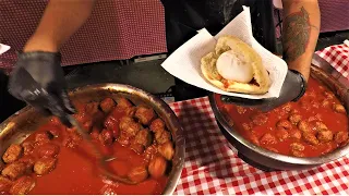 Italy Street Food in Milano. Creamy 'Burrata' Cheese over 'Orecchiette' Pasta and Meatballs