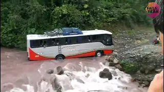 Crazy Bus Vs Dangerous Road,Through Flooded Rivers, Bus Fails After Trying To Cross Flooded River