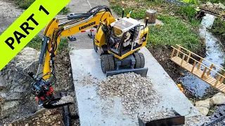 Bridge replacement. Worksite preparation. RC excavator Liebherr A918, Cat 906 Loader, PART 1