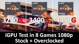 Ryzen 3 3200G vs Ryzen 5 3400G vs Ryzen 3 Pro 4350G - iGPU Test Stock and OC