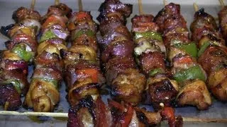 SmokingPit.com - Peach smoked Sesame Chicken & Beef Kebabs - Smoked on a Yoder YS640