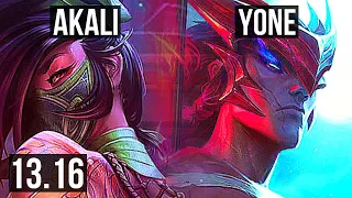 AKALI vs YONE (MID) | 9/0/3, 6 solo kills, Legendary, 500+ games | NA Grandmaster | 13.16