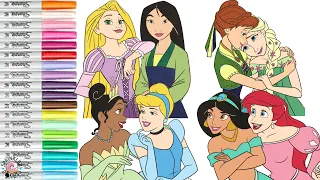 Disney Princess Coloring Book Compilation Jasmine Ariel Tiana Cinderella Anna Elsa Mulan Rapunzel