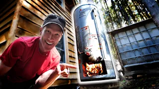 MacGyvered Hot Water Tank for Off Grid Cabin - Fire Burning