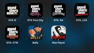 GTA III,GTA Vice City,GTA: San Andreas,GTA: Libery City Stories,Chinatown Wars,Bully,Max Payne