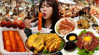 Gwangjang Market Mukbang Tour in Seoul😋Thick Tteokbokki, Raw beef, Kimbap, Bread and Ball katsu