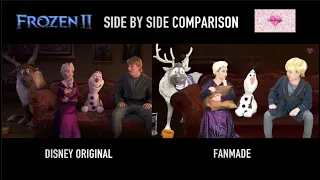 Frozen 2 side by side comparison charades scene, Elsa, Anna, Kristoff, Olaf and Sven.