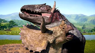 5x MAX TRICERATOPS vs LARGE AND MEDIUM CARNIVORE BATTLE ROYALE IN JURASSIC WORLD EVOLUTION