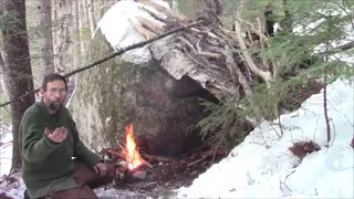 Winter Camping- No tent, No sleeping bag.  12 °F  Natural shelter- Bushcraft /Survival Skills