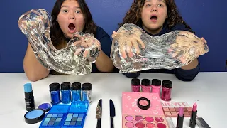 Mixing Makeup Eyeshadow Into Satisfying Slime ASMR PINK VS BLUE
