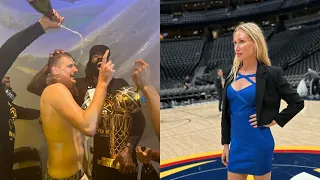 Denver Nuggets win first NBA title. Champagne popping & locker room party. Jokic, MPJ, Gordon,...