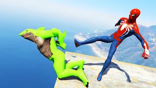 GTA 5 Funny Ragdolls Spiderman vs King Shark Animals Jump/Fails #115 (Funny Moment,Euphoria Physics)