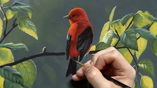 Scarlet Tanager | Acrylic Painting Process - Colour Mixing, Background, Bird Details.