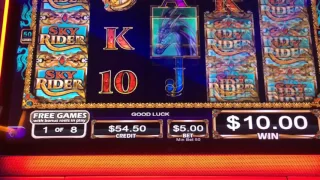 Skyrider Slot Machine Bonus Huge Win Almost Handpay!! $5 Max Bet Full Screen Wilds