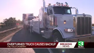 Overturned big rig crash on Yolo Causeway causes backups along I-80, I-5