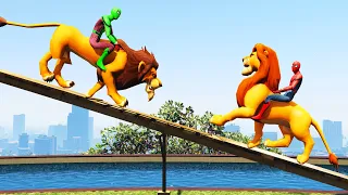 GTA 5 Crazy Ragdolls Spiderman Colors vs Team Lion King Animal Jump/Fails #143(Funny Moment, seesaw)