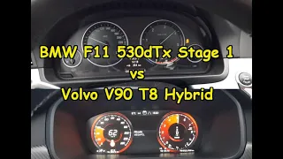 Comparison cars BMW F11 530d 2012 and Volvo V90 T8 2020 Hybrid 0-100km/h (0-62mph)