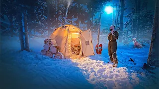 Caught in heavy snow - winter camping in deep snow | Hot tent, wood stove