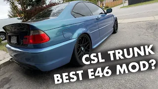 EPIC E46 CSL TRUNK INSTALL | HOW TO INSTALL A CSL TRUNK ON YOUR BMW E46 DIY