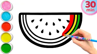 Watermelon and 8 More Fruits Drawing, Painting, Coloring for Kids and Toddlers | Learn Fruits #317