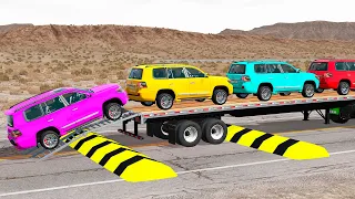 Flatbed Trailer new Toyota Cars Transportation with Truck - Pothole vs Car #04 - BeamNG.Drive