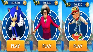 Sonic Dash vs Scary Teacher 3D Run vs Subway Surfers  - All Characters Unlocked Gameplay