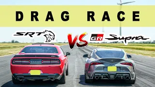 Tuned Toyota Supra GR takes on Dodge Challenger Hellcat, spank follows. Drag and Roll Race.