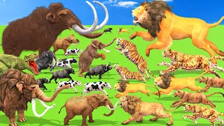 10 Lion Vs 10 Mammoth Elephant Fight Giant Tiger Chase Cow cartoon Saved By 10 Woolly Mammoth T-Rex