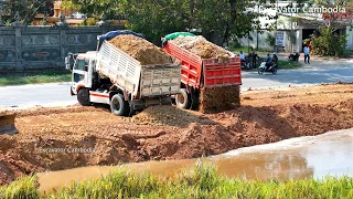 Starting New Project Landfill By Komatsu D31P Dozer Pushing Soil & 10Wheels- 5Ton Truck Dumping Soil