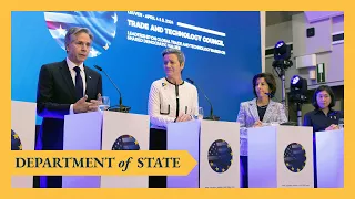 Secretary Blinken at a joint press availability with EU-U.S. Trade and Technology Council Co-Chairs