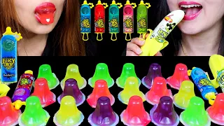 FRUIT JELLY CUPS + SOUR CANDY JUICY DROP POPS + BANANA SPRAY (EATING SOUNDS) | Kim&Liz Too