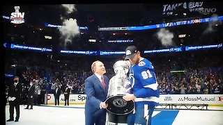 Tampa Bay Lightning captain Steven Stamkos accepts the Stanley Cup from Gary Bettman 7/7/21