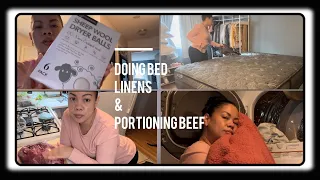 Portioning 10lbs of sirloin beef | Washing bed linens| Mattress Refresh 🫧
