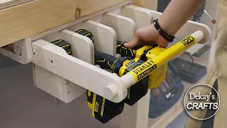 woodworking power tool station idea! / sliding hidden tool rack  / plywood / stanley fatmax v20