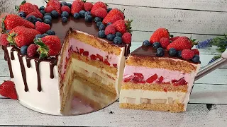 One of the most popular cakes! STRAWBERRY BANANA yogurt cake! Delicious! Mascarpone cream!