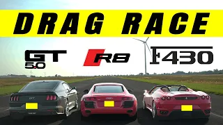 Ford Mustang GT takes on Ferrari F430 and Audi R8 Gated, unusual suspect. Drag and Roll Race.