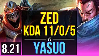 ZED vs YASUO (MID) | KDA 11/0/5, 700+ games, Legendary | BR Master | v8.21