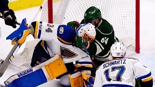 Granlund gets his stick around Allen’s neck while crashing the net