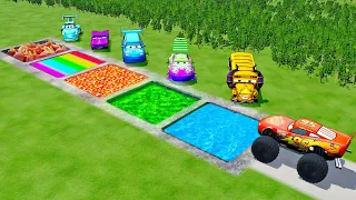 Giant Water & Acid & Lava & Rainbow & Monster Square Pits Vs Huge & Tiny PIXAR CARS! BeamNG Drive