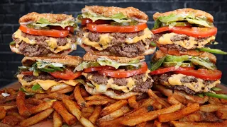 ASMR FIVE GUYS DOUBLE CHEESE BURGERS FULLY LOADED, AND CAJUN FRIES MUKBANG