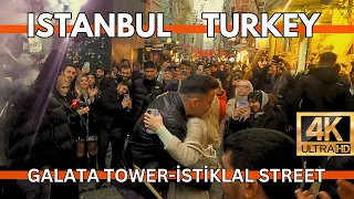 ISTANBUL TURKEY CITY CENTER ISTIKLAL STREET-GALATA TOWER EVENING 4K WALKING TOUR | 30 DECEMBER 2023