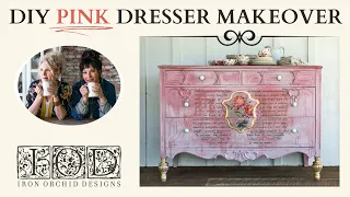 DIY IOD Pretty in Pink Dresser Makeover using IOD Redoute and Le Petit Decor Transfer!