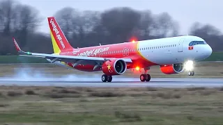 (4K) VietJetAir A321NEO taxi, take-off and landing at Hamburg Finkenwerder airport