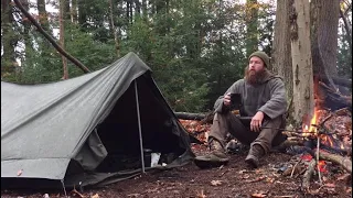 Solo Bushcraft Overnight Camping in the Rain French Army Tent F1 ALICE pack Wool Anorak