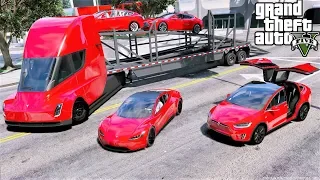 Self Driving Tesla Semi Truck Transporting New Cars In GTA 5